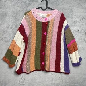 Handmade Indie Sleaze Cotton Linen Cropped Boxy Knit Stripe Cardigan Small